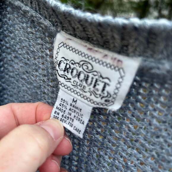 Vintage Croquet Club Boho Knit Cardigan Sweater Gray Patterned Sleeves Size M - Picture 2 of 7